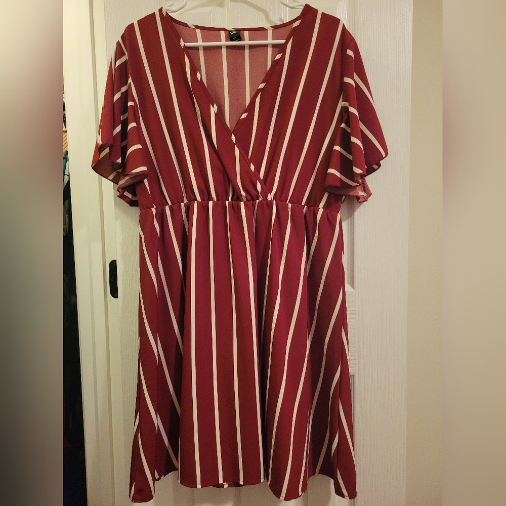 SHEIN Red and White Striped Midi Dress